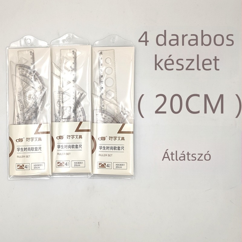 Átlátszó műanyag mérőeszközök 4 darabos készlet rajzhoz és tervezéshez, tartalmaz egy egyenes vonalzót, egy háromszög alakú vonalzót, egy szögmérőt és egy 20 cm-es vonalzót