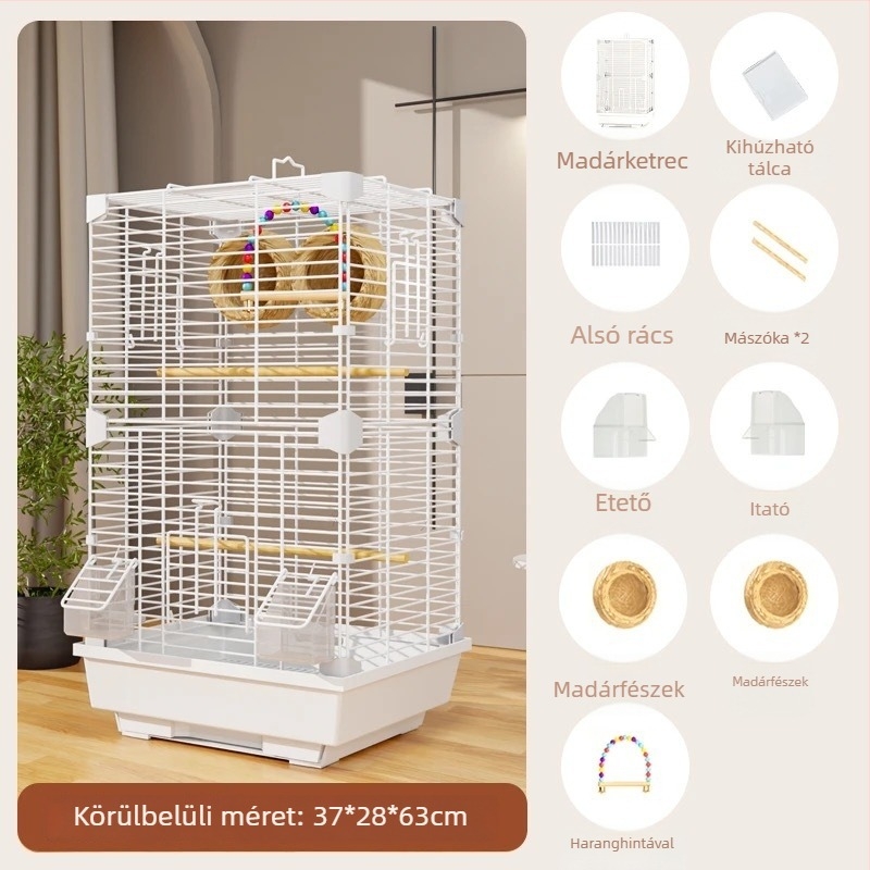 Akril madárkalitka papagáj tájkép-dizájnnal, nagy villa-stílusú kalitka, hímzett szem motívummal