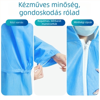 Egyszer használatos védőruha nem szövött anyagból, split típusú kapucnival, por elleni izolációs ruházat, vastagodott, légáteresztő