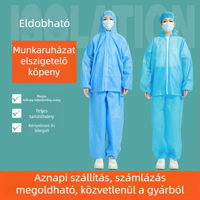 Egyszer használatos védőruha nem szövött anyagból, split típusú kapucnival, por elleni izolációs ruházat, vastagodott, légáteresztő