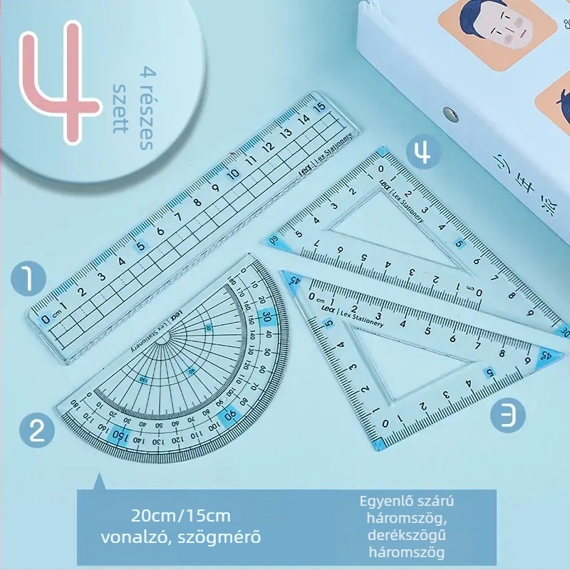 Gyerekeknek szánt puha gumiból készült négy darabos vonalzó készlet: egyenes vonalzó, háromszögvonalzó, szögmérő, átlátszó 20 cm-es vonalzó