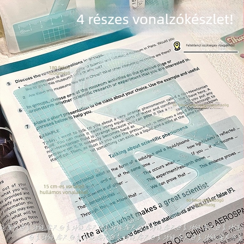 Silikonból készült vonalzó készlet, 15 cm, négy darabos készlet: fokmérő, egyenes vonalzó, háromszögvonalzó és hullámvonalzó, diákok számára