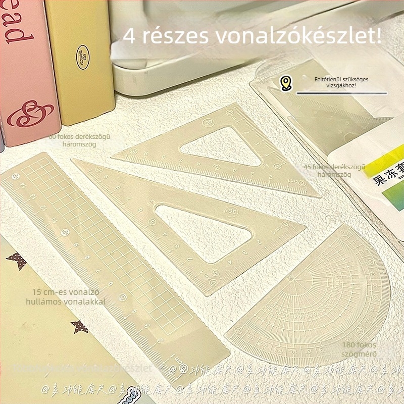 Silikonból készült vonalzó készlet, 15 cm, négy darabos készlet: fokmérő, egyenes vonalzó, háromszögvonalzó és hullámvonalzó, diákok számára