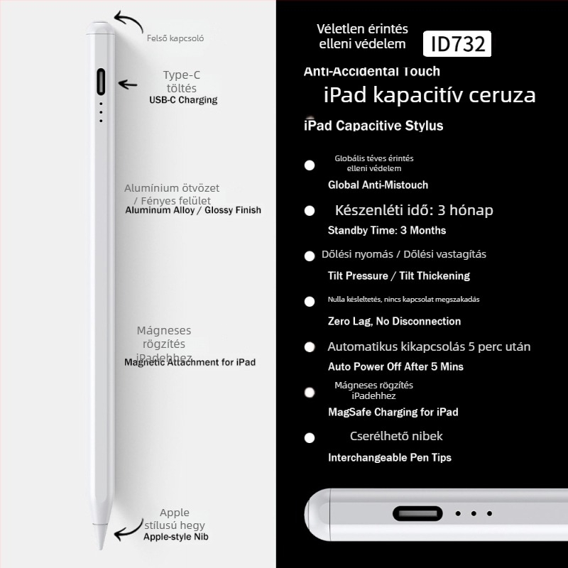 3 LED-es energia kijelzővel rendelkező mágneses kapacitív stylus iPadhez – rajzoláshoz és íráshoz