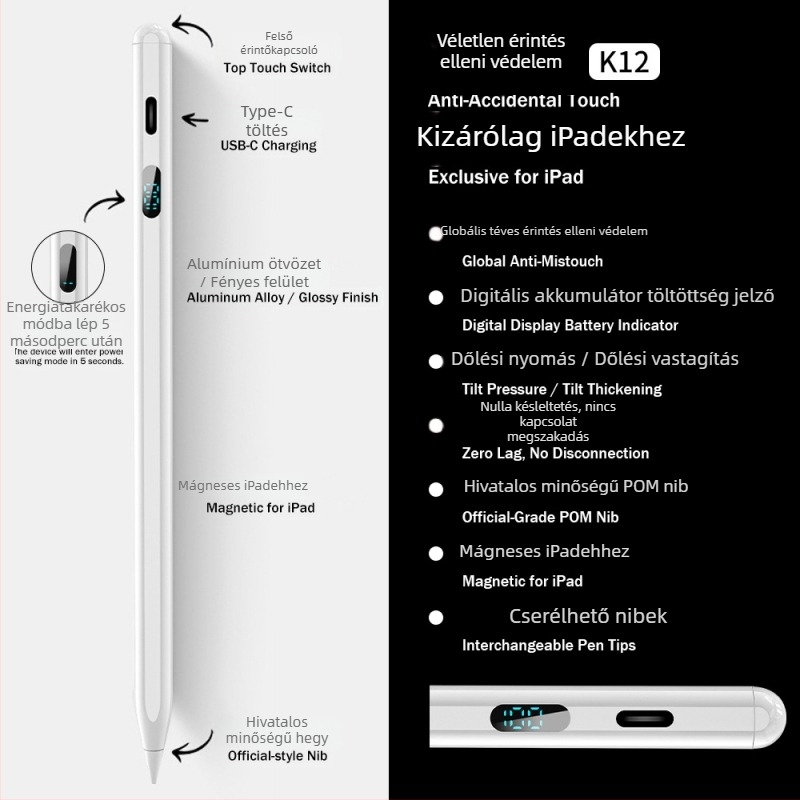 3 LED-es energia kijelzővel rendelkező mágneses kapacitív stylus iPadhez – rajzoláshoz és íráshoz