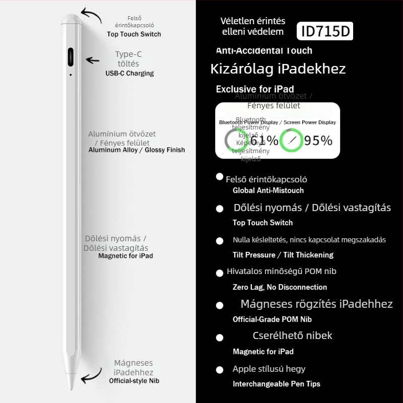 3 LED-es energia kijelzővel rendelkező mágneses kapacitív stylus iPadhez – rajzoláshoz és íráshoz