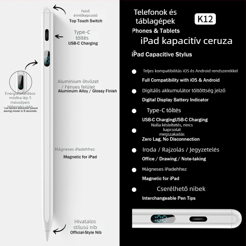 3 LED-es energia kijelzővel rendelkező mágneses kapacitív stylus iPadhez – rajzoláshoz és íráshoz