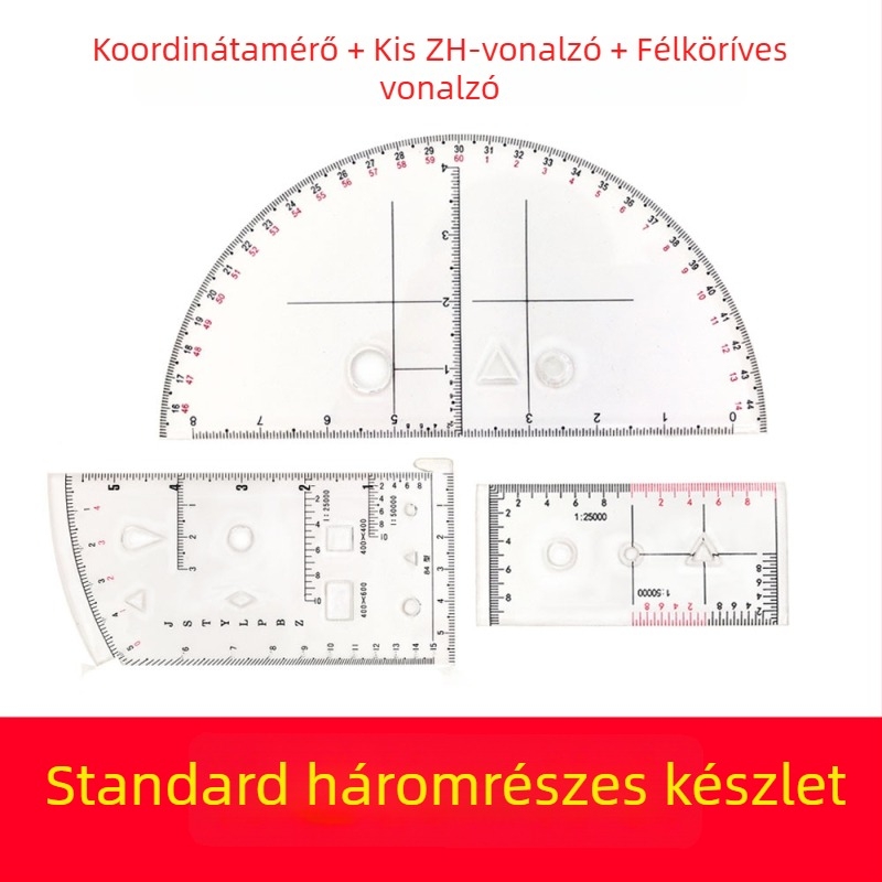 Háromrészes készlet: félköríves vonalzó, kis Zh-vonalzó, koordináta-skála vonalzó terepi műveletekhez