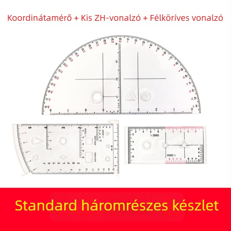 Háromrészes készlet: félköríves vonalzó, kis Zh-vonalzó, koordináta-skála vonalzó terepi műveletekhez