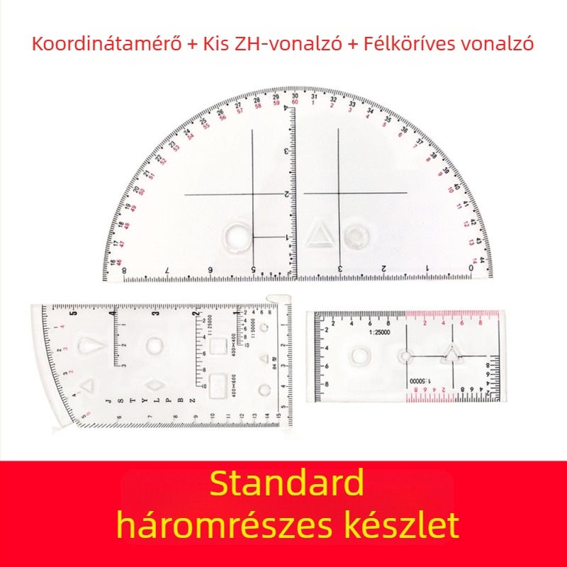 Háromrészes készlet: félköríves vonalzó, kis Zh-vonalzó, koordináta-skála vonalzó terepi műveletekhez