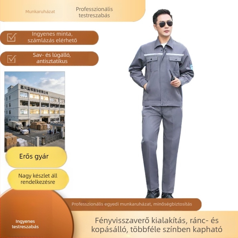Savakkal és lúgokkal szemben ellenálló, antistatikus, fényvisszaverő munkaruha készlet, hosszú ujjú tavasz–őszre, elektroműszerészek és hegesztők számára, nyomtatott szöveggel és logóval