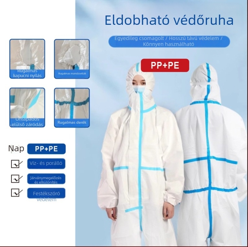 Egyszer használatos kapucnival ellátott védőruha nemszövött anyagból, porálló, sertésgazdaság és festés céljára