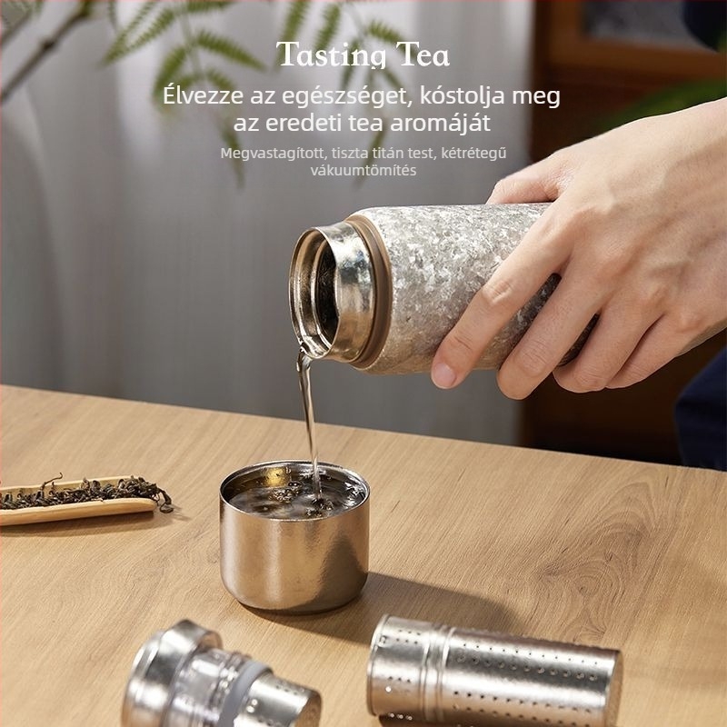 Tiszta titán termosz mágneses fedővel és mechanikus hőmérséklet-kijelzővel, tea–víz elválasztás, hordozható autóhoz