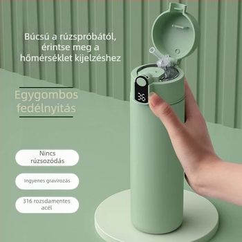 Intelligens hőmérséklet-kijelzővel ellátott termosz pohár, egyenes kialakítás, minimalistikus rozsdamentes acél
