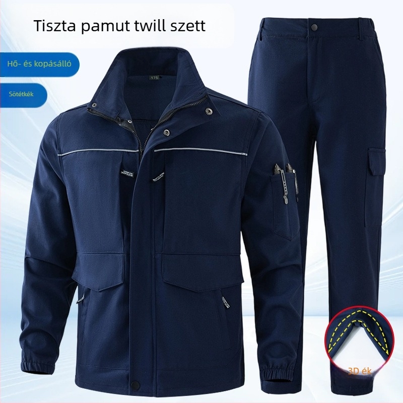 Tavaszi–őszi vastagított munkaruha-készlet, szennyeződés- és kopásálló, pamutból, szikrák elleni védelemmel hegesztéshez, fényvisszaverő sávokkal