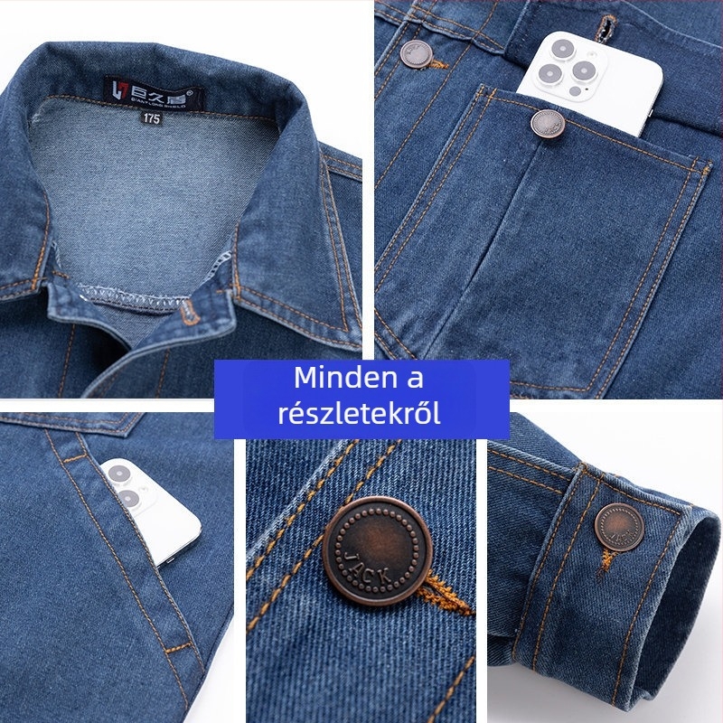 Férfi denim munkaruha készlet hegesztéshez és villamos munkákhoz, lángálló és hőálló, gyárak és építkezések számára, tavasz–ősz, vastag védőruha