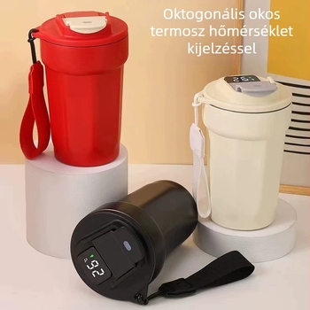 Nyolcszögletű kávés pohár intelligens hőmérséklet-méréssel és kijelzővel, belső 316 rozsdamentes acél tartály, külső 201 rozsdamentes acél, hordozó kötéllel