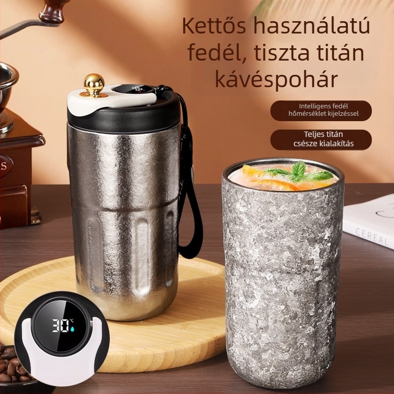 Tiszta titániumból készült termosz pohár intelligens hőmérséklet kijelzővel és tea szeparációs rekesszel, autóban használható, üzleti ajándék