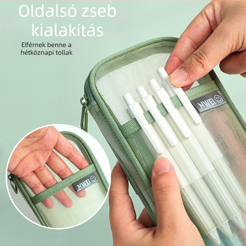 Huajie Hálós tolltartó, 2024-es modell, nagy kapacitású irodai kellék, kozmetikai táska, érmés zseb