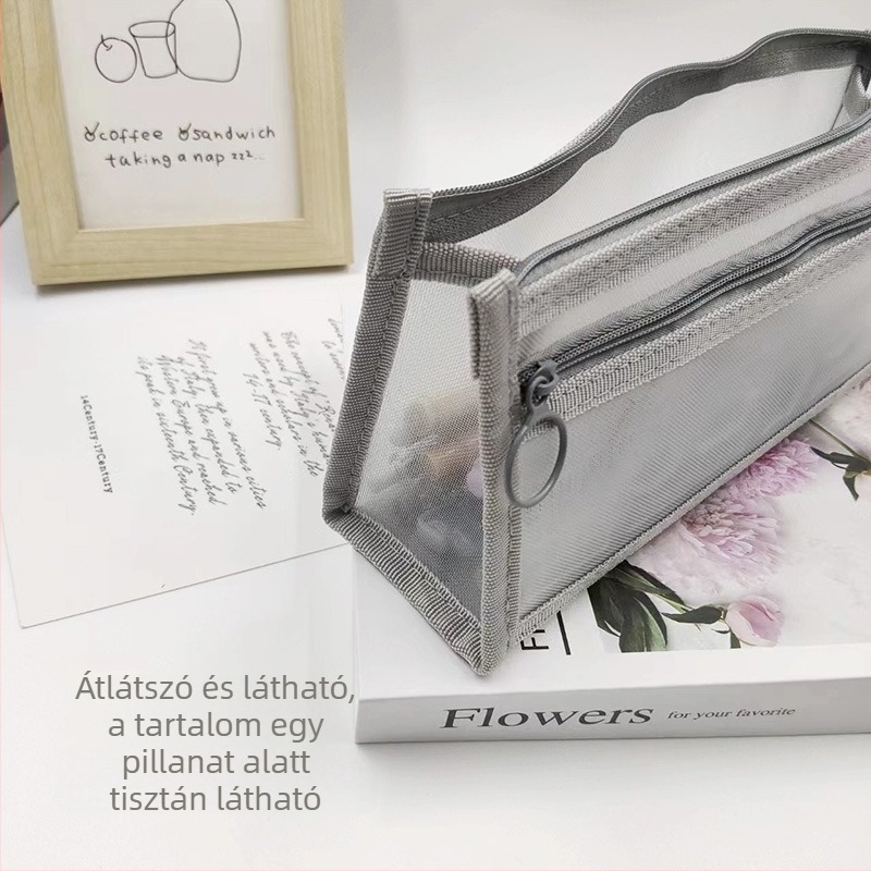 Háromszög alakú átlátszó hálós tolltartó, nagy kapacitású, kétszintes, fiúknak, minimalist stílus, foltálló, irodai kellékek