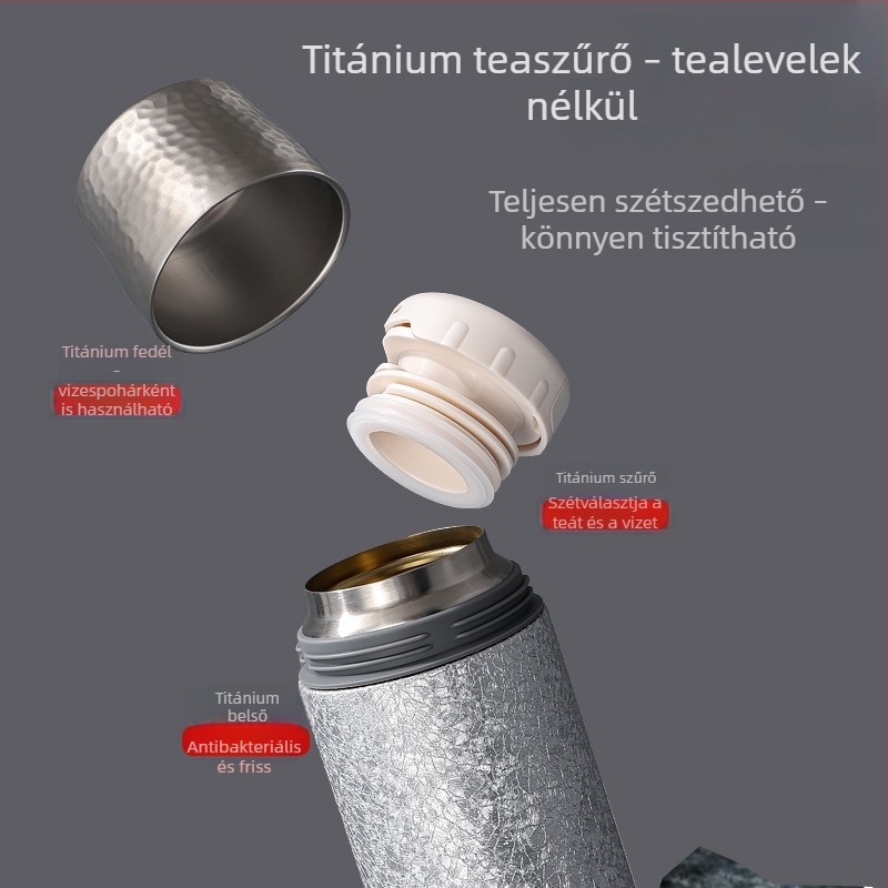 Titánium bevonatú belső falú termosz tea- és vízszétválasztással, felnyíló fedél, elegáns üzleti ajándék