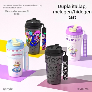 Hordozható 316 rozsdamentes acél kávés pohár rajzfilm mintával, szívószállal, kettős falú vákuum-szigetelés