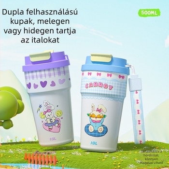 Hordozható 316 rozsdamentes acél kávés pohár rajzfilm mintával, szívószállal, kettős falú vákuum-szigetelés