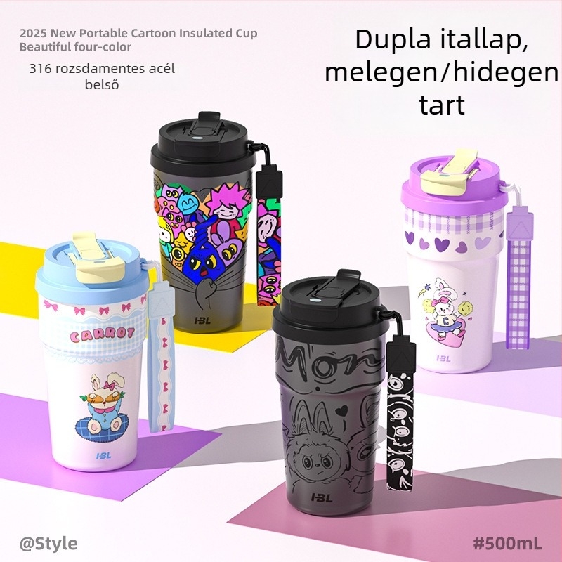 Hordozható 316 rozsdamentes acél kávés pohár rajzfilm mintával, szívószállal, kettős falú vákuum-szigetelés