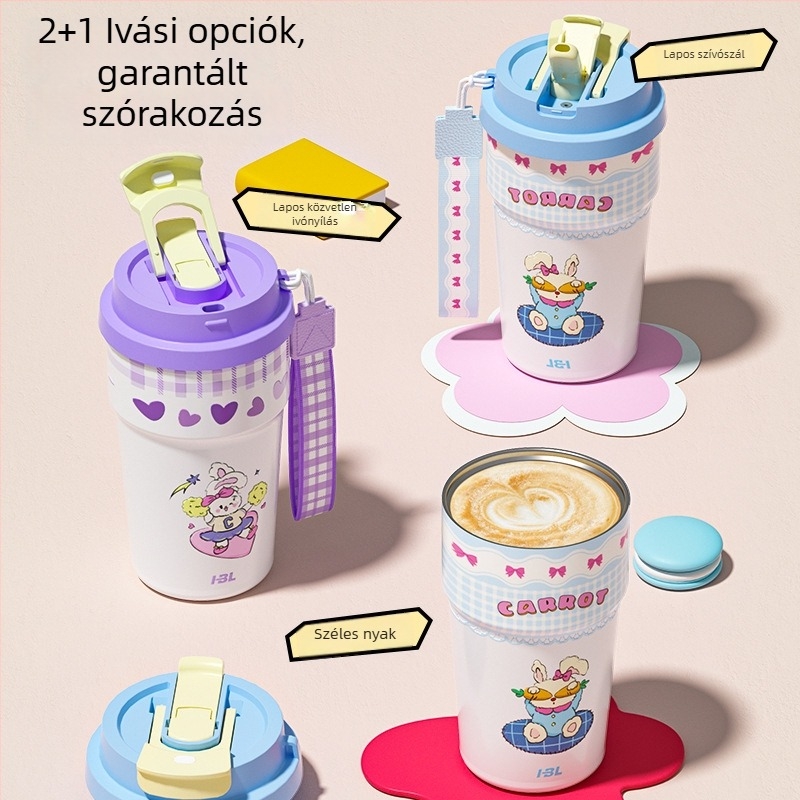 Hordozható 316 rozsdamentes acél kávés pohár rajzfilm mintával, szívószállal, kettős falú vákuum-szigetelés