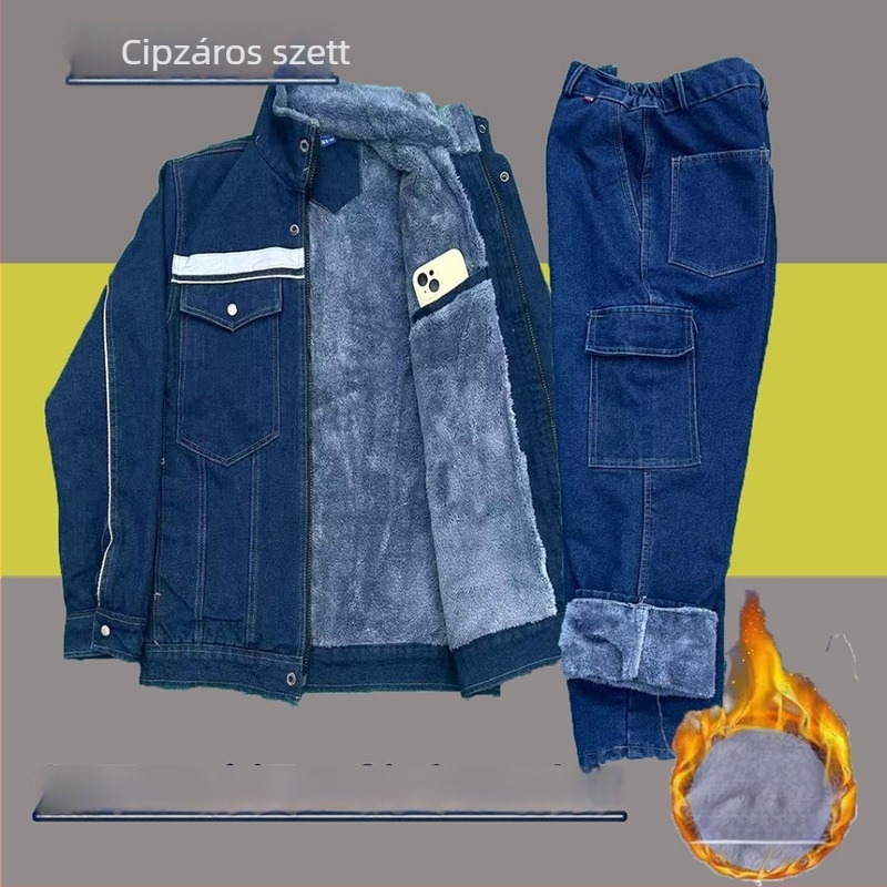 Őszi-téli farmeres hegesztő munkaruha – védő ruházat, kopásálló és égésvédő.