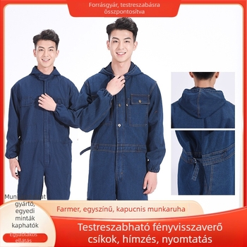 Kapucnis denimből készült overál hegesztéshez és festéshez, porvédő - pamut munkaruha gyári karbantartáshoz