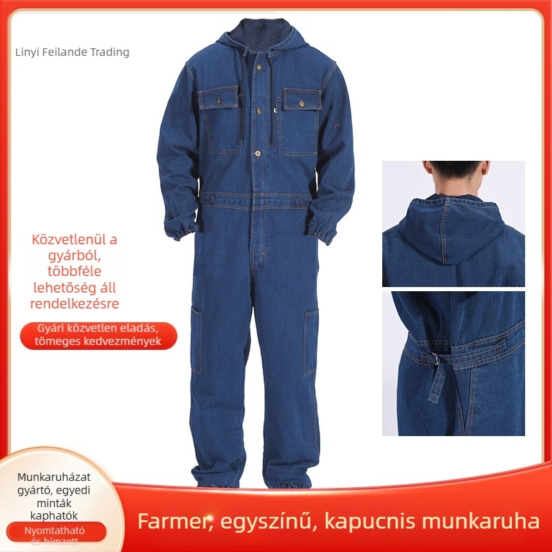 Kapucnis denimből készült overál hegesztéshez és festéshez, porvédő - pamut munkaruha gyári karbantartáshoz