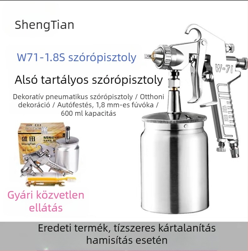 Shengtian W-71/77 pneumatikus permetezőpisztoly felső és alsó tartállyal, bútorokhoz, fához és autófestékhez