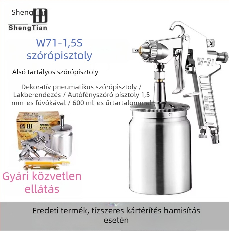 Shengtian W-71/77 pneumatikus permetezőpisztoly felső és alsó tartállyal, bútorokhoz, fához és autófestékhez