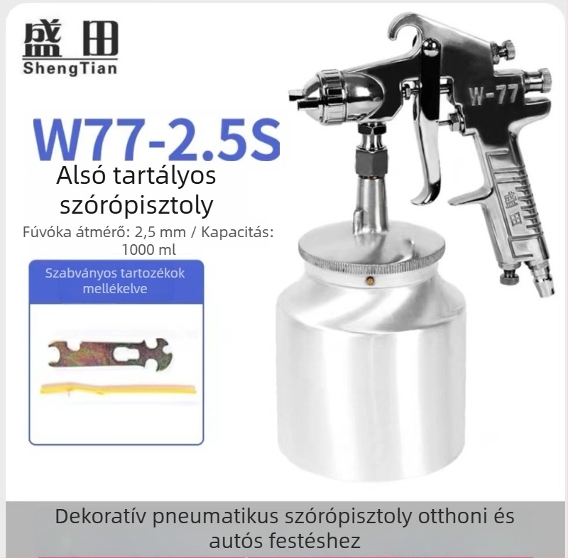 Shengtian W-71/77 pneumatikus permetezőpisztoly felső és alsó tartállyal, bútorokhoz, fához és autófestékhez