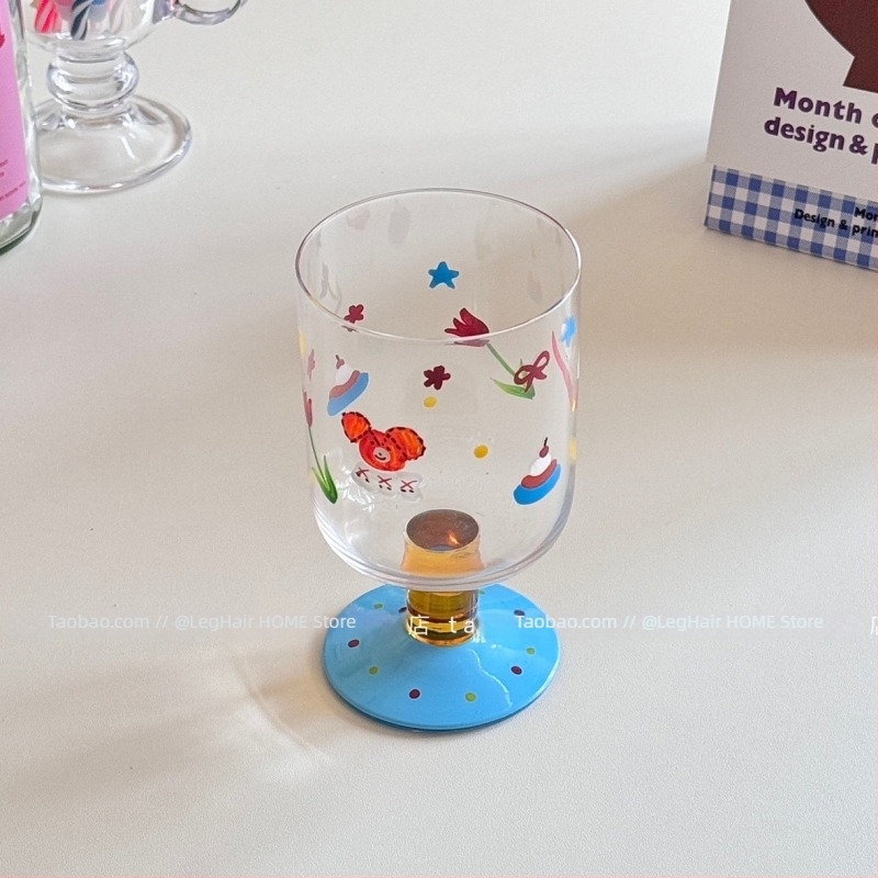 Retro kézzel festett medve-mintás üvegpohár gyümölcslevekhez, italokhoz, borhoz, vízhez és fagylalt mellé