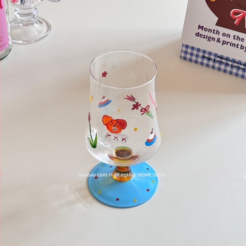 Retro kézzel festett medve-mintás üvegpohár gyümölcslevekhez, italokhoz, borhoz, vízhez és fagylalt mellé