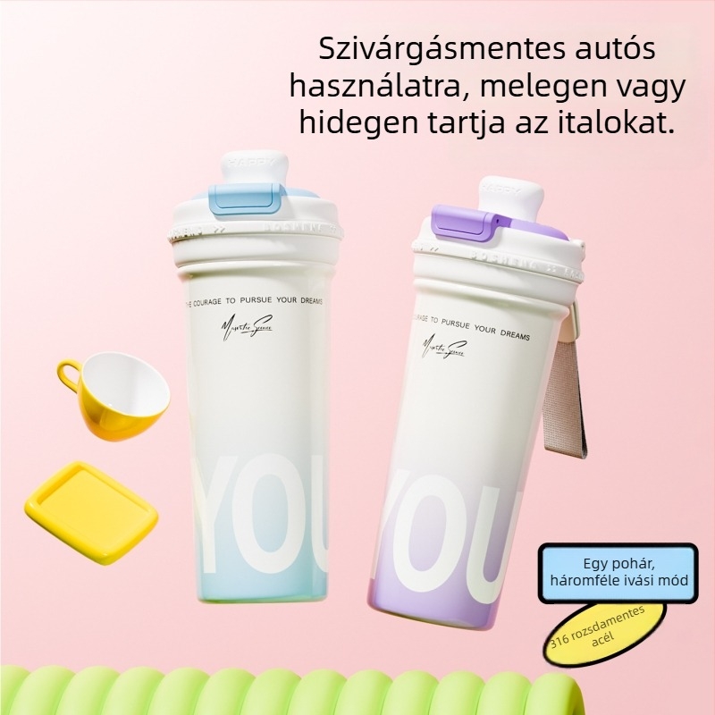 Minimalista termosz pohár 316-os rozsdamentes acélból, szívószállal, autóban használható, dupla pohár