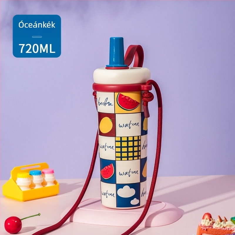 316L rozsdamentes acélból készült szigetelt termosz nőknek, hordozó zsinórral, nagy kapacitású, szívószállal
