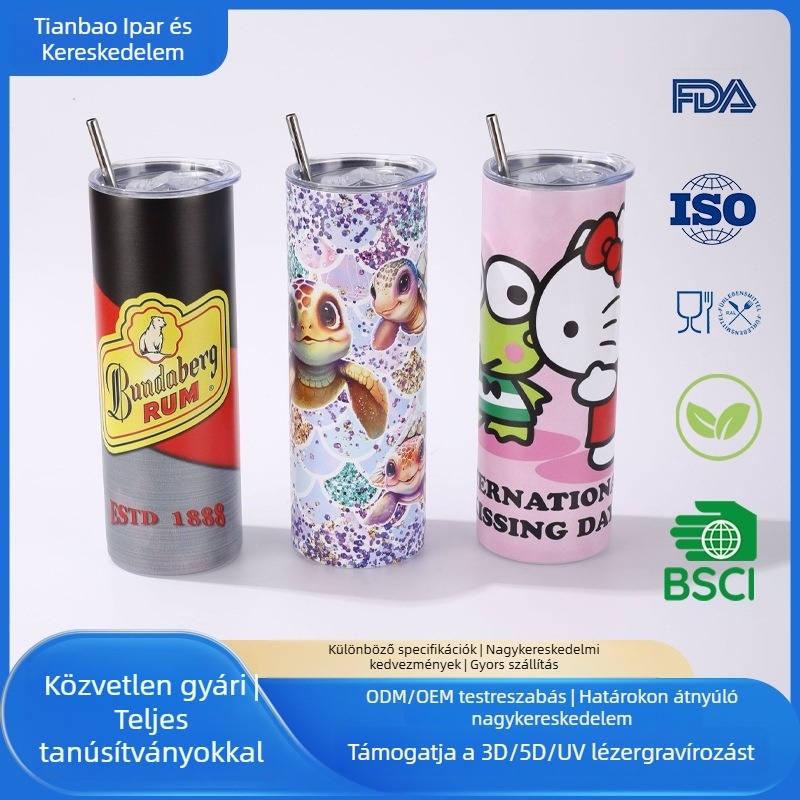 20 oz autó pohár szublimációs logóval, vákuum-izolált, egyenes testű rozsdamentes acél termosz, hordozható ajándék
