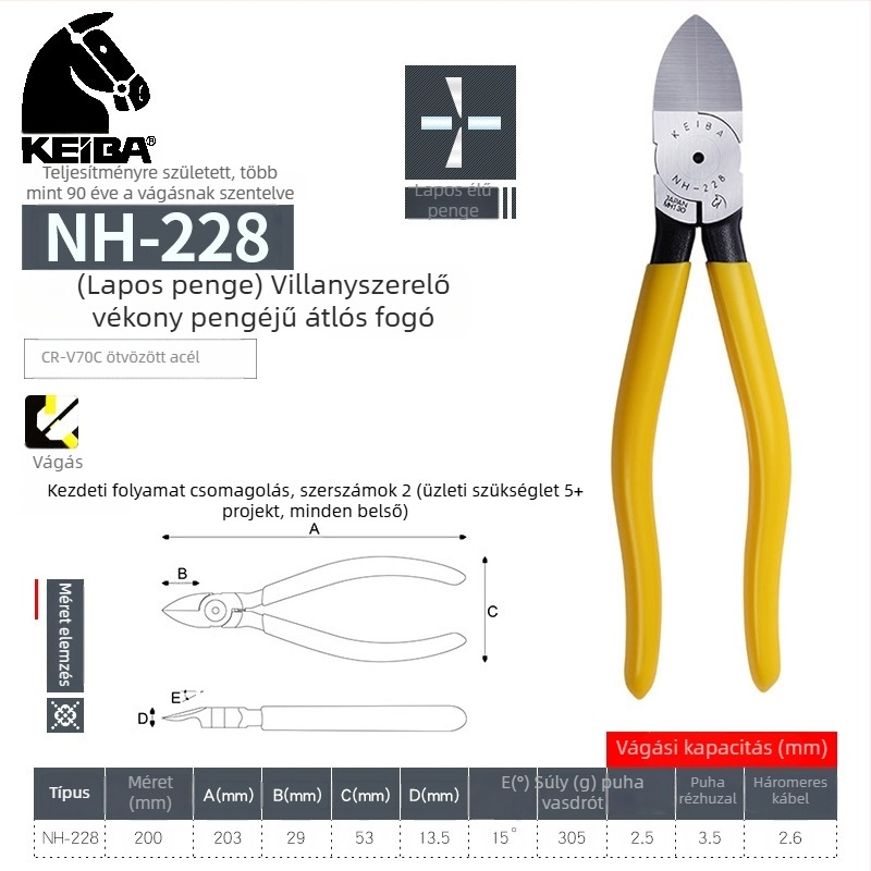 KEIBA 6 hüvelykes PL-726 fogó egyenes állkapcsokkal és műanyag nyéllel MN-A05