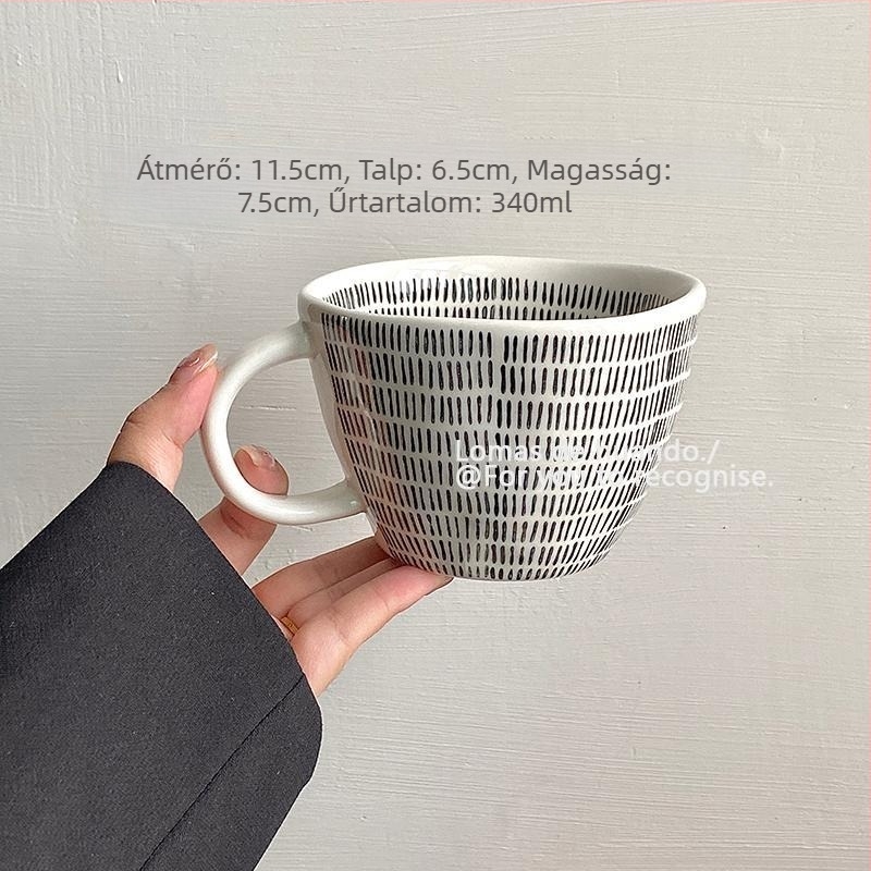 Vintage stílusú kerámia bögre kézzel formázott, szabálytalan mintázattal, kávéhoz, zabpehely reggelire, tejhez, joghurthoz és szója tejhez.