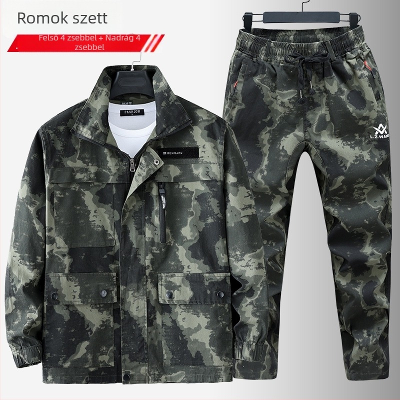 Tavasz–ősz Twill kamufláz munkaruha, légáteresztő, megerősített ágyékkal és több zsebbel, hegesztő és műhely használható
