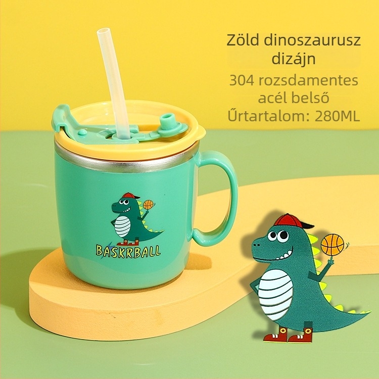 304 rozsdamentes acélból készült gyerekeknek szánt vízespohár fedővel és szívószállal, égési sérülés elleni védelem, esésálló, mesés dizájn
