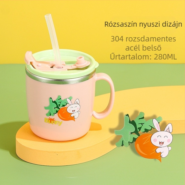 304 rozsdamentes acélból készült gyerekeknek szánt vízespohár fedővel és szívószállal, égési sérülés elleni védelem, esésálló, mesés dizájn