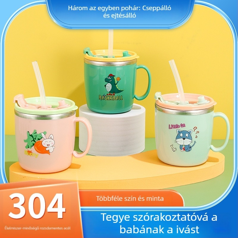 304 rozsdamentes acélból készült gyerekeknek szánt vízespohár fedővel és szívószállal, égési sérülés elleni védelem, esésálló, mesés dizájn
