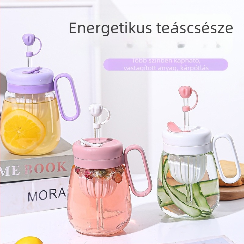 Üveg pohár szívószállal, hordozható és elegáns, tea és víz elválasztó pohár