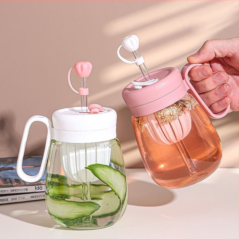 Üveg pohár szívószállal, hordozható és elegáns, tea és víz elválasztó pohár