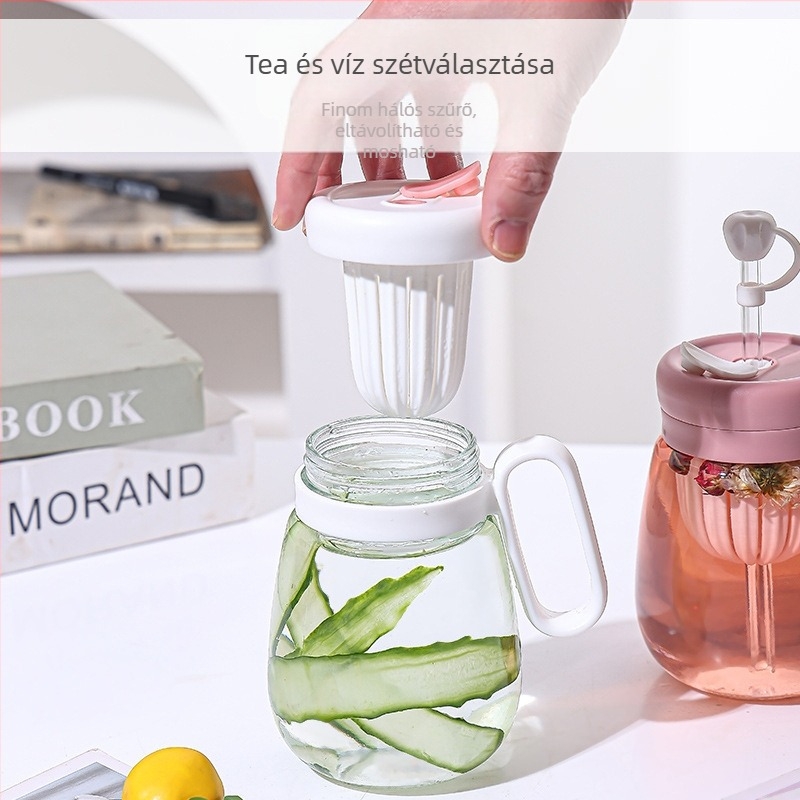 Üveg pohár szívószállal, hordozható és elegáns, tea és víz elválasztó pohár