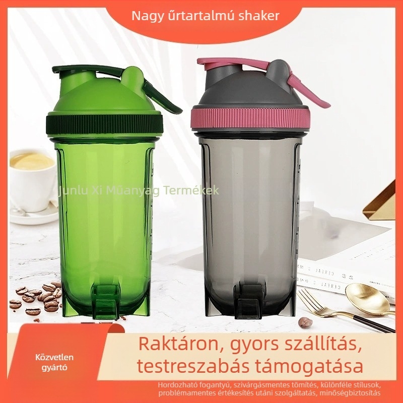 Műanyag sport shaker pohár mérőskálával, fehérje porhoz és étkezés helyettesítő shake-hez